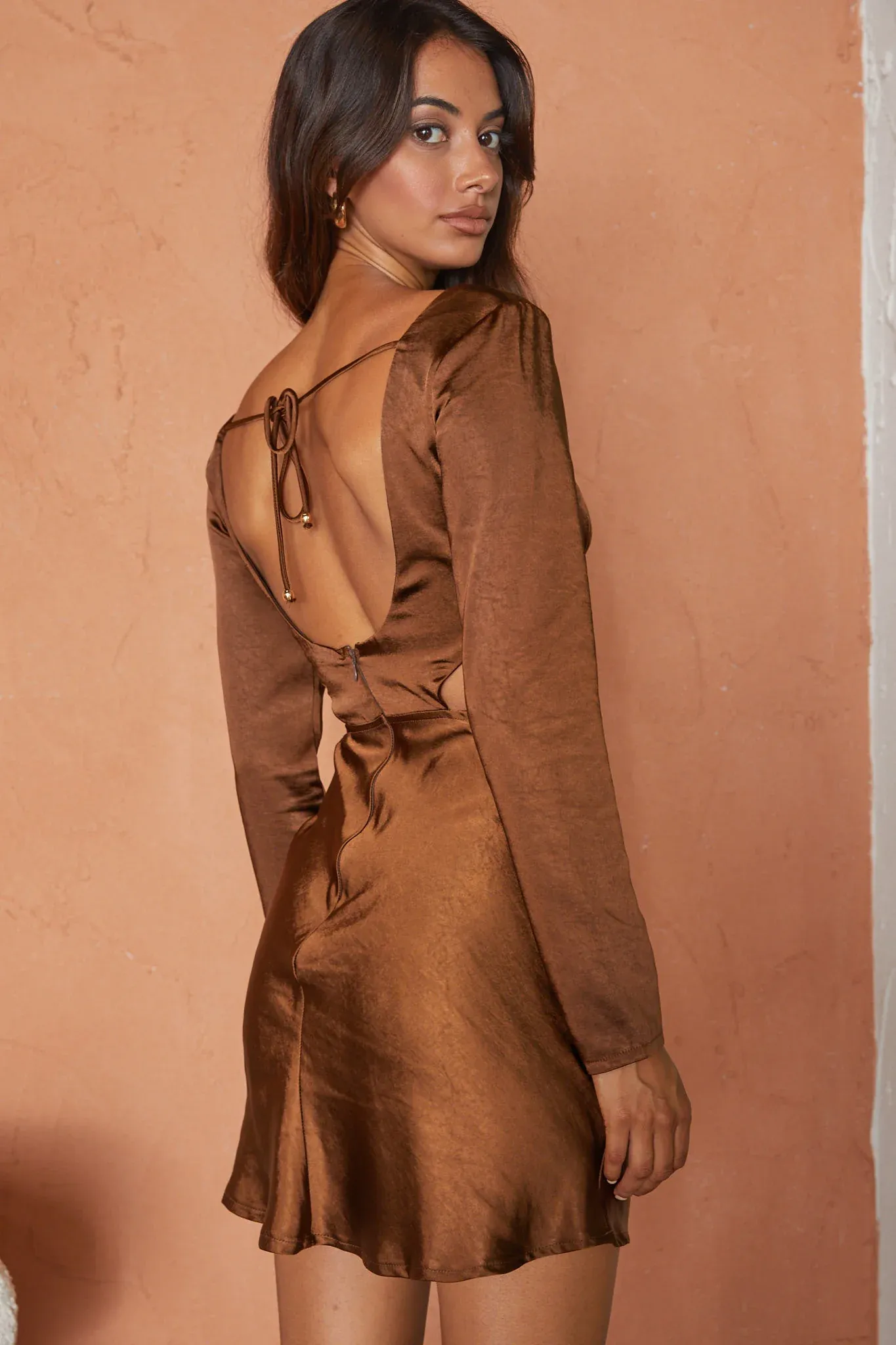 Shaken Not Stirred Cut-Out Waist Long Sleeve Pleat Mini Dress Chocolate