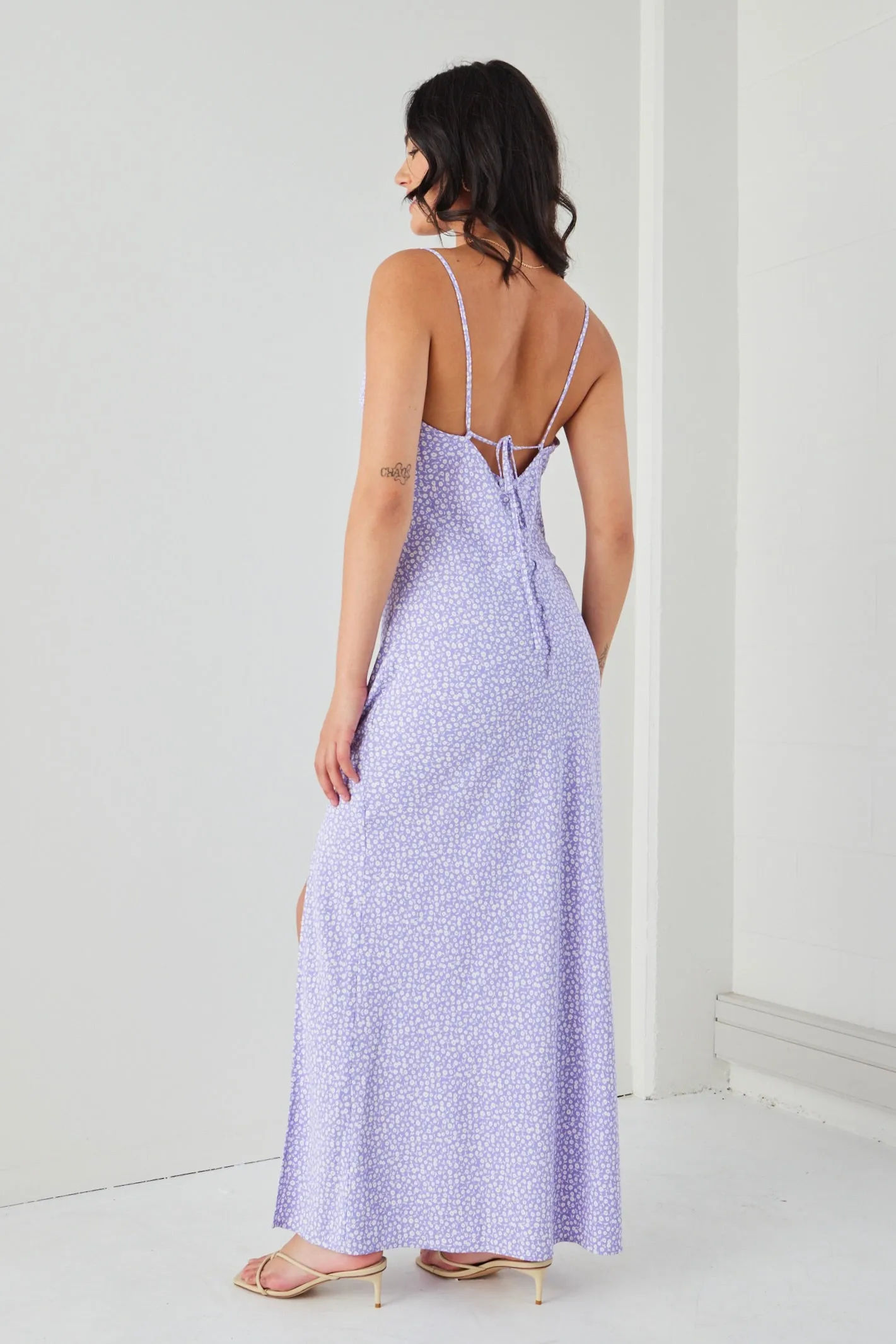 Showstopper Lilac Ditsy Strappy Bias Slip Dress