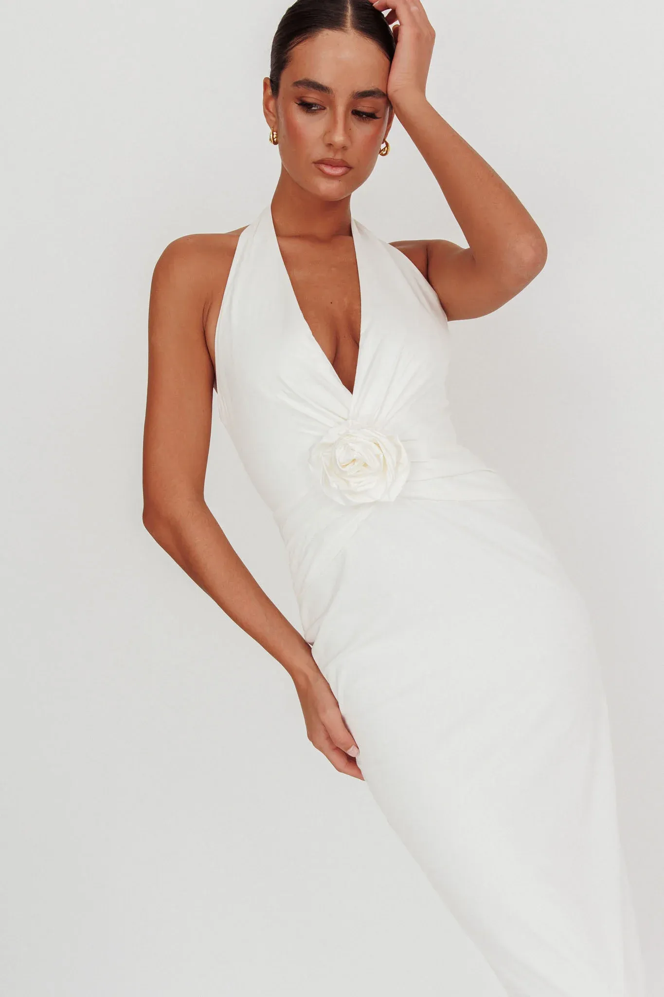 Sinners Rosette Halter Neck Maxi Dress White