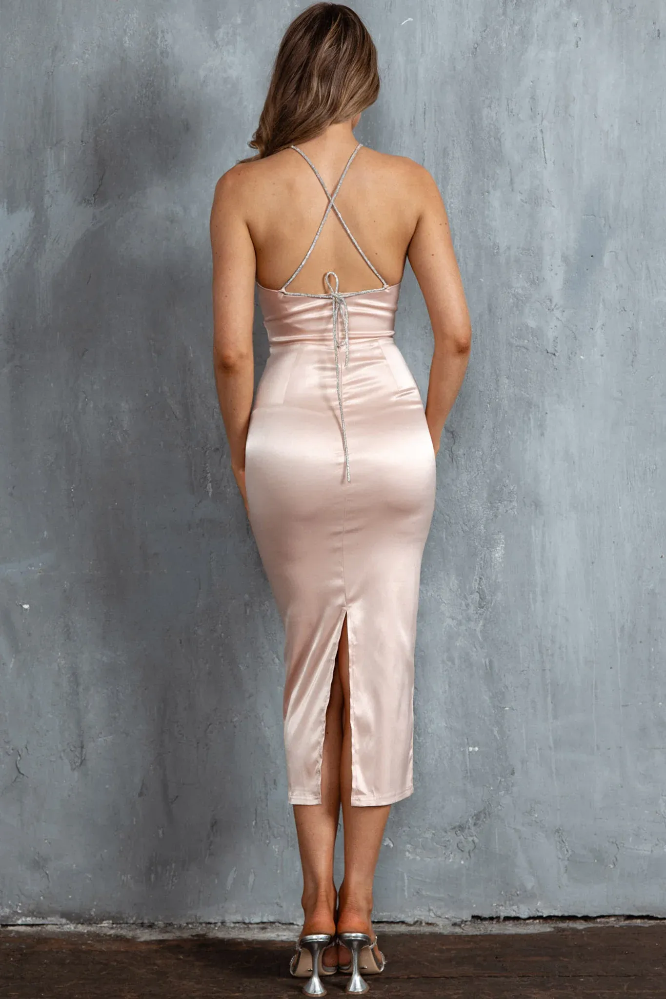 Slow Dance Diamante Strap Midi Dress Blush