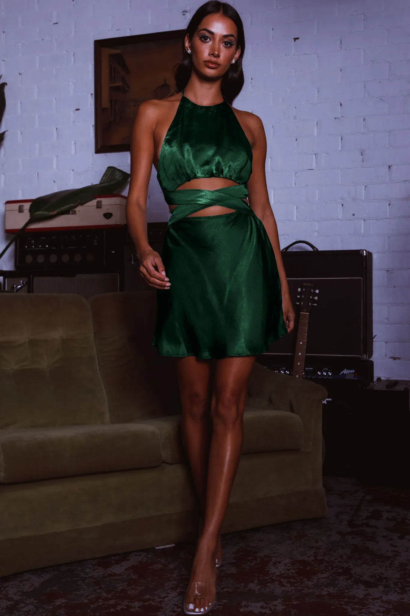 Social Butterfly Cut-Out Waist Mini Dress Forest Green