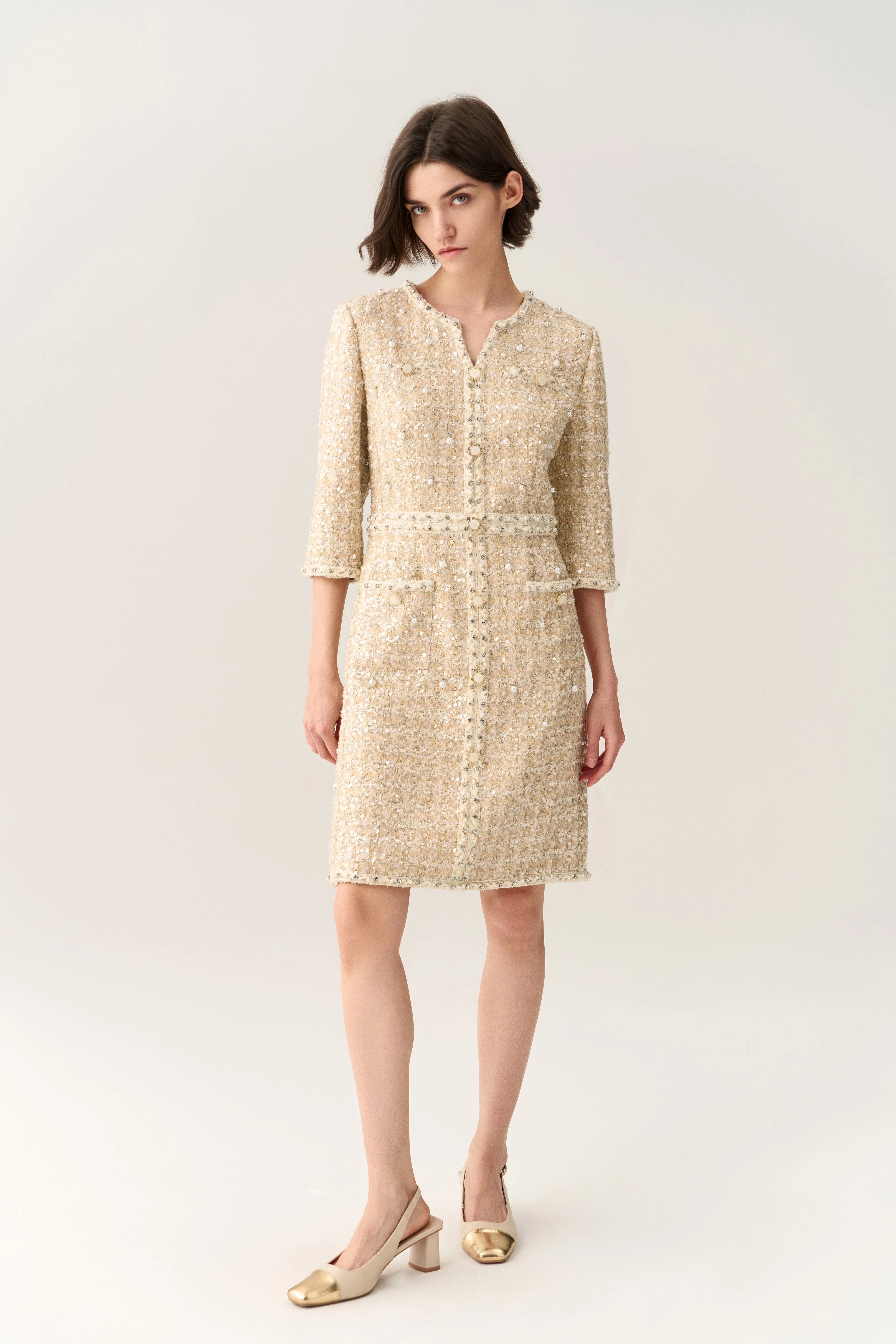 Three-quarter Sleeve Embellished Tweed Dress
