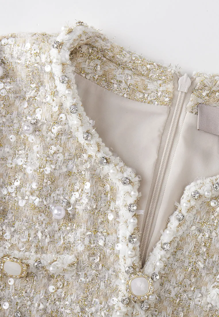 Three-quarter Sleeve Embellished Tweed Dress