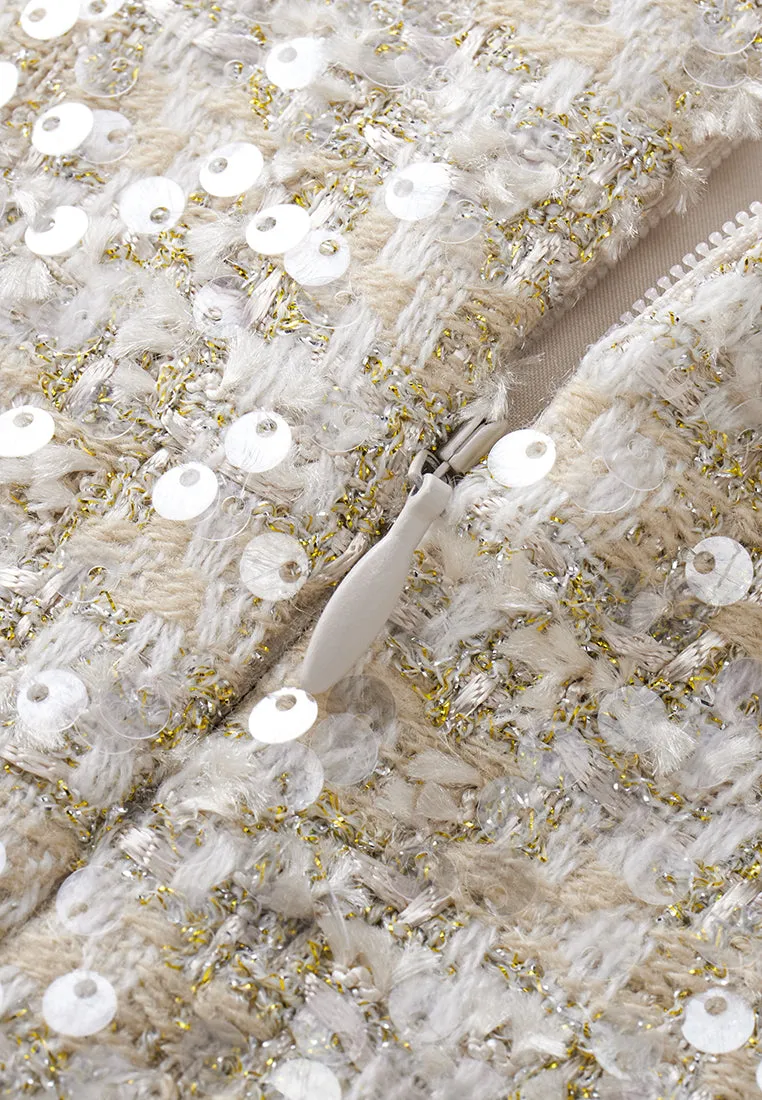 Three-quarter Sleeve Embellished Tweed Dress