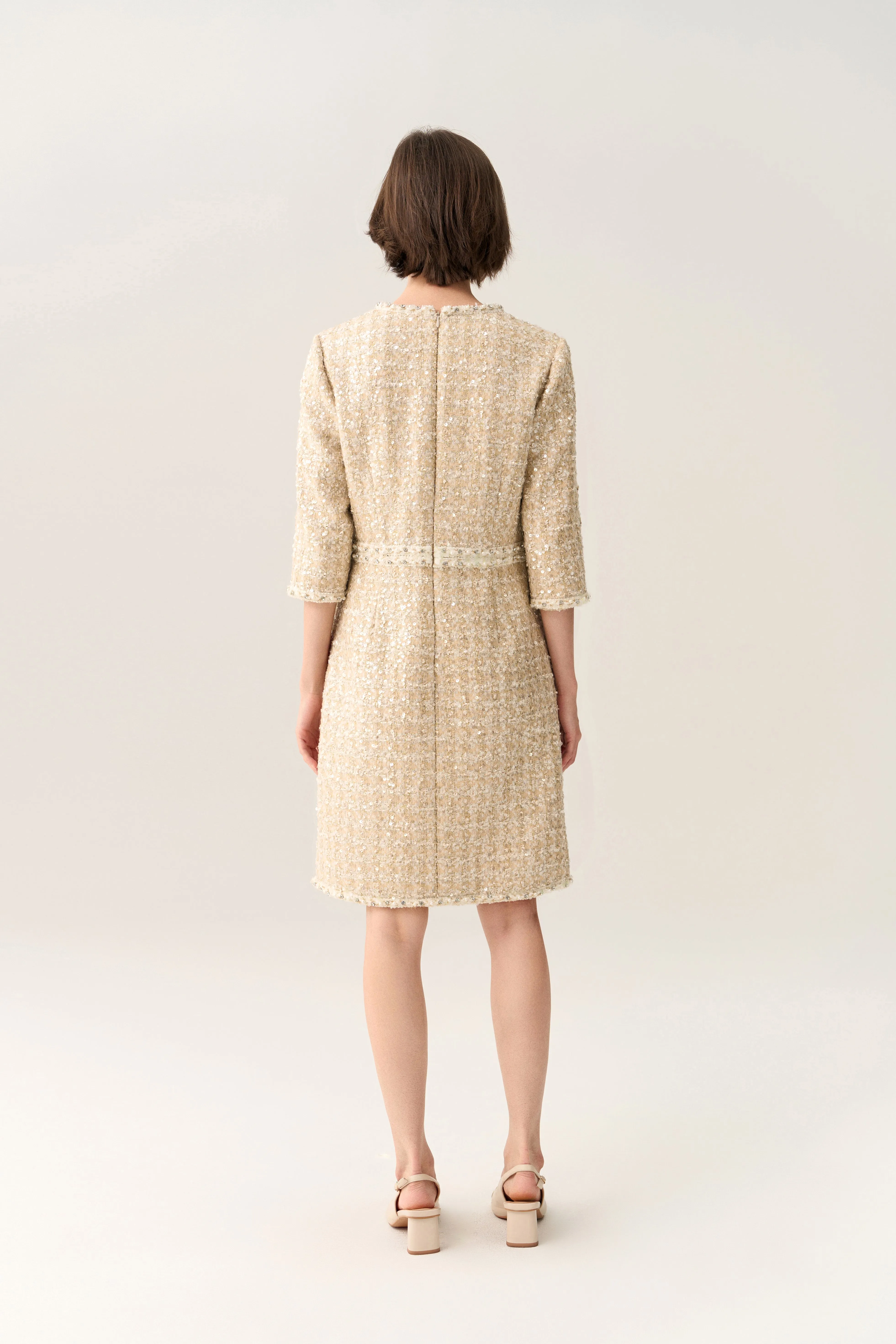 Three-quarter Sleeve Embellished Tweed Dress