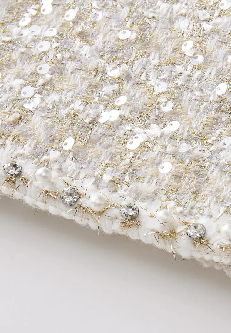 Three-quarter Sleeve Embellished Tweed Dress