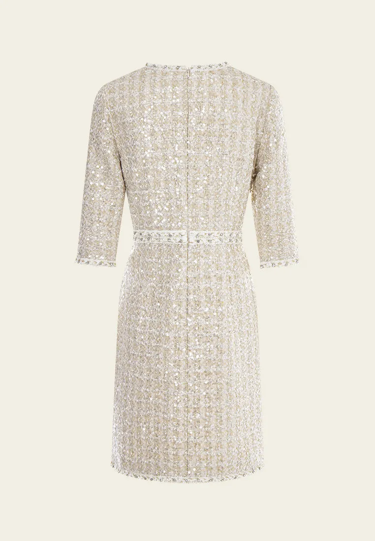 Three-quarter Sleeve Embellished Tweed Dress