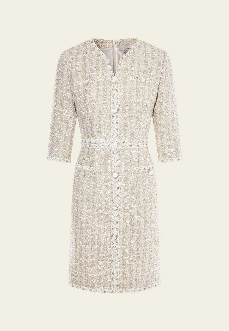 Three-quarter Sleeve Embellished Tweed Dress