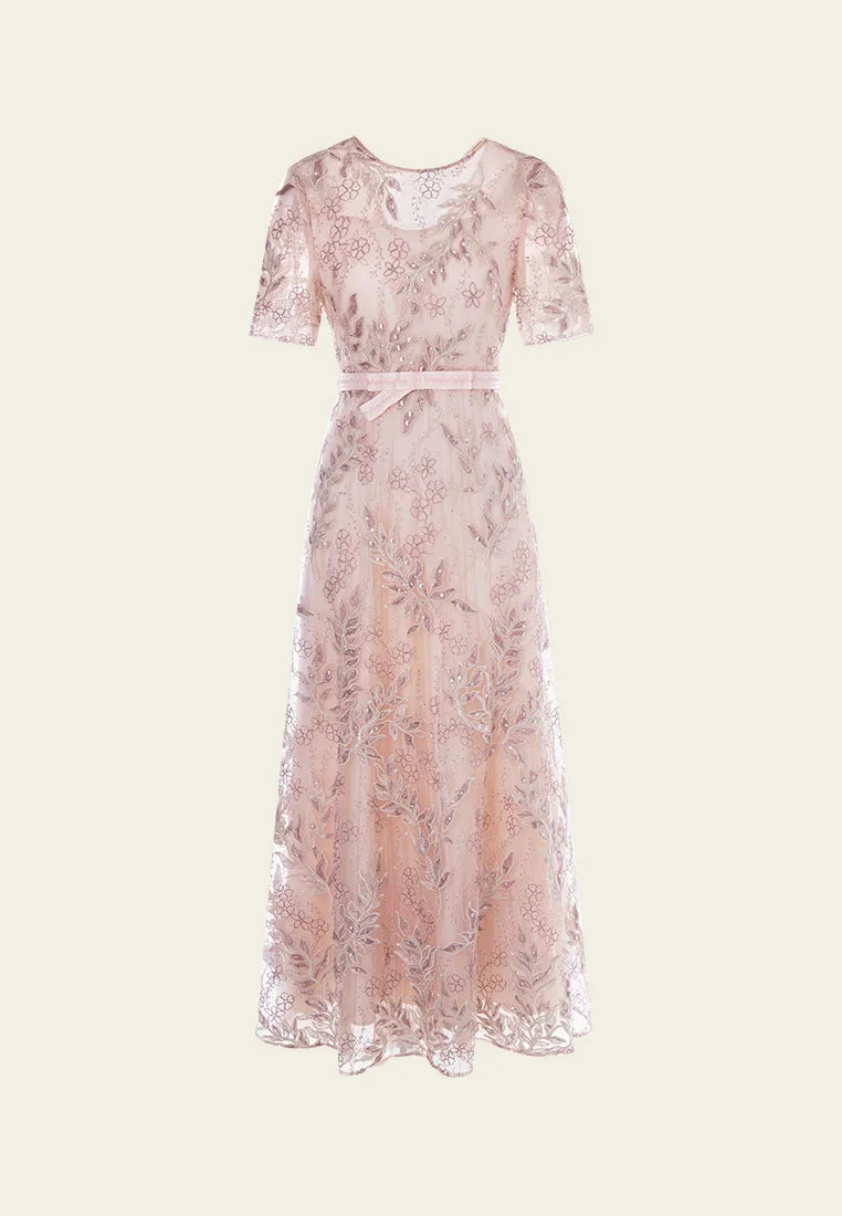 Tie-waist Sequin & Embroidery Mesh Dress