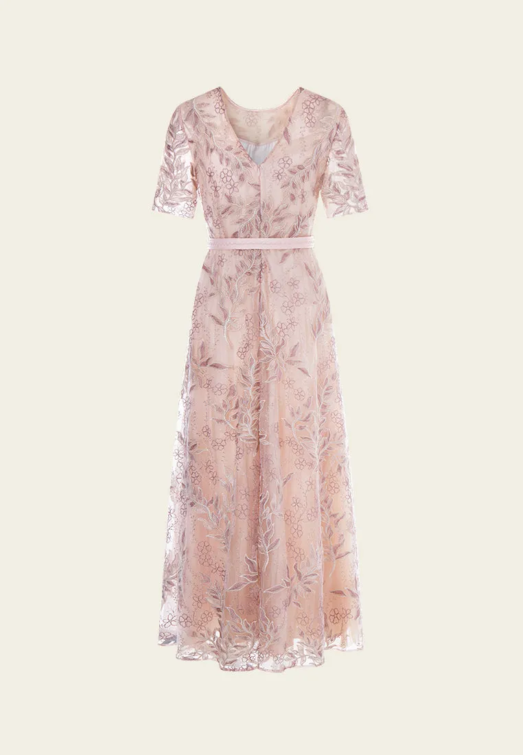 Tie-waist Sequin & Embroidery Mesh Dress