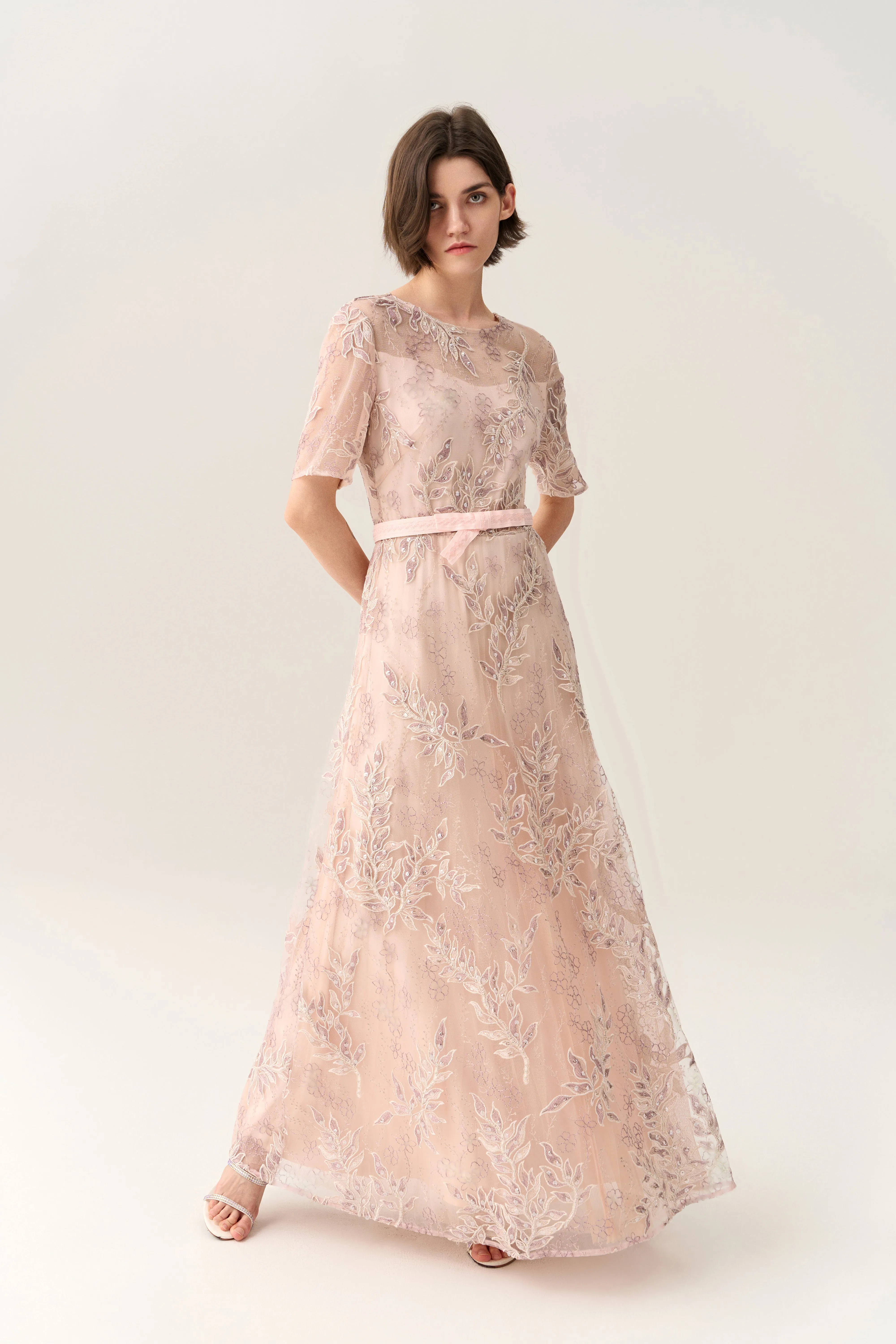 Tie-waist Sequin & Embroidery Mesh Dress