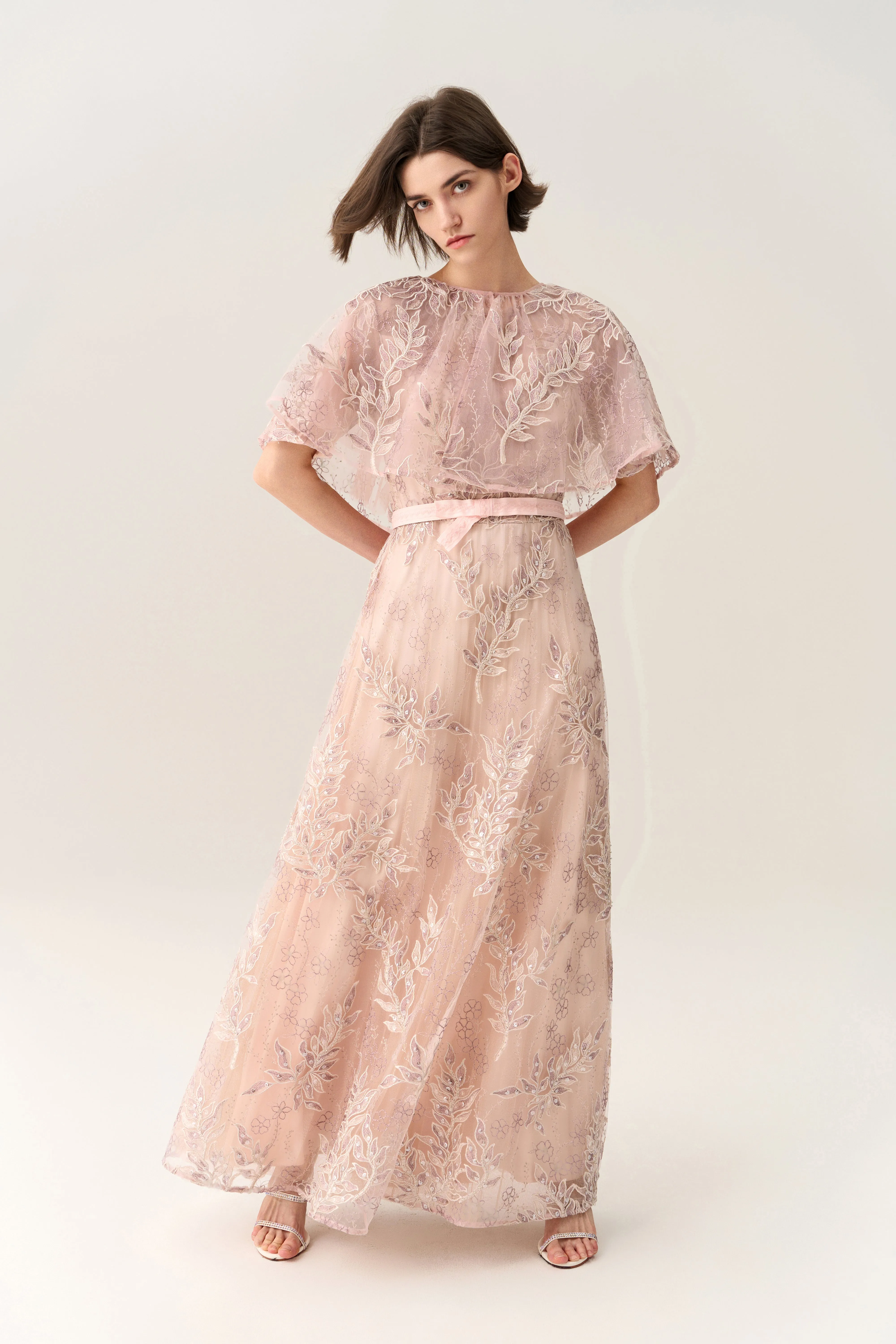 Tie-waist Sequin & Embroidery Mesh Dress