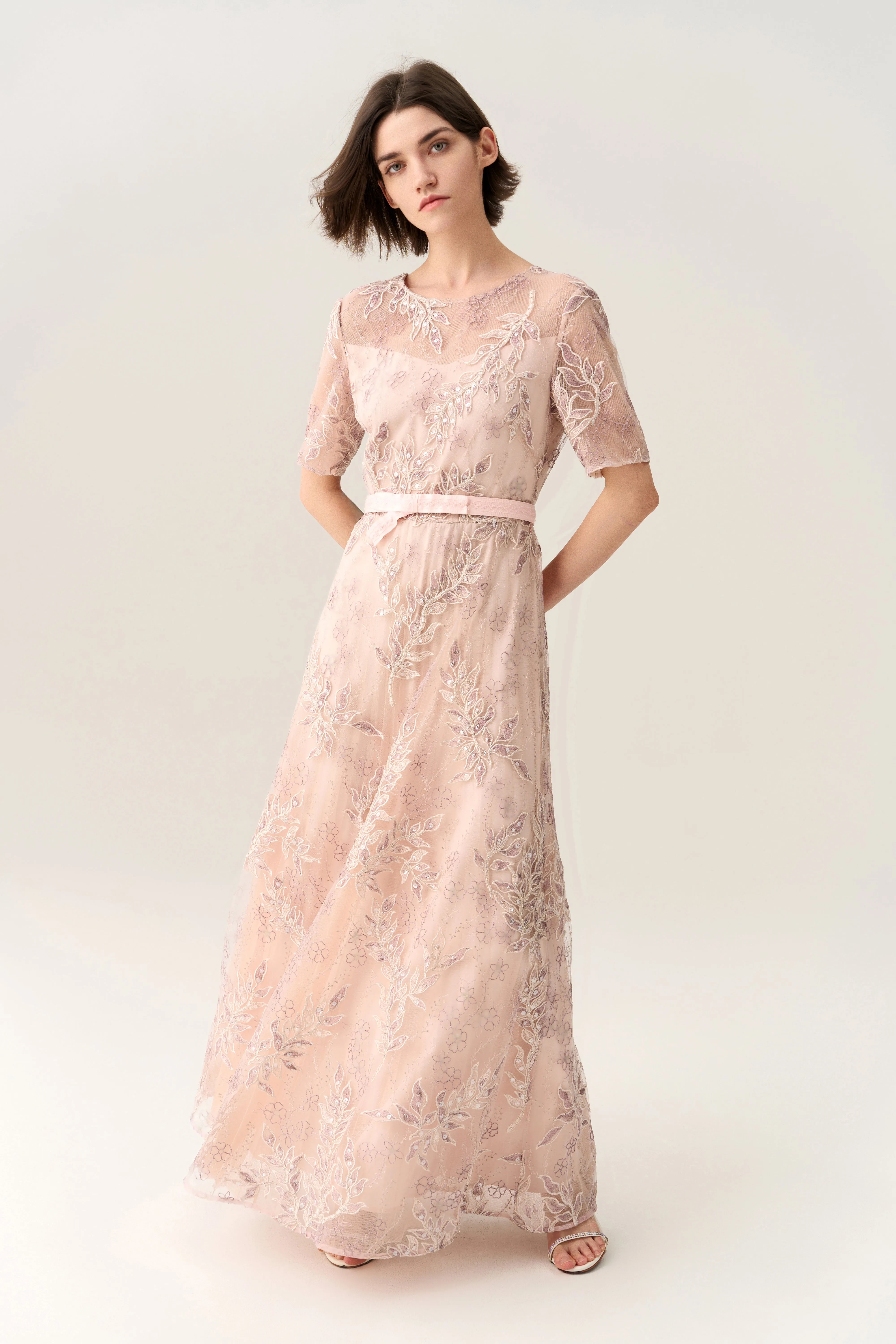 Tie-waist Sequin & Embroidery Mesh Dress