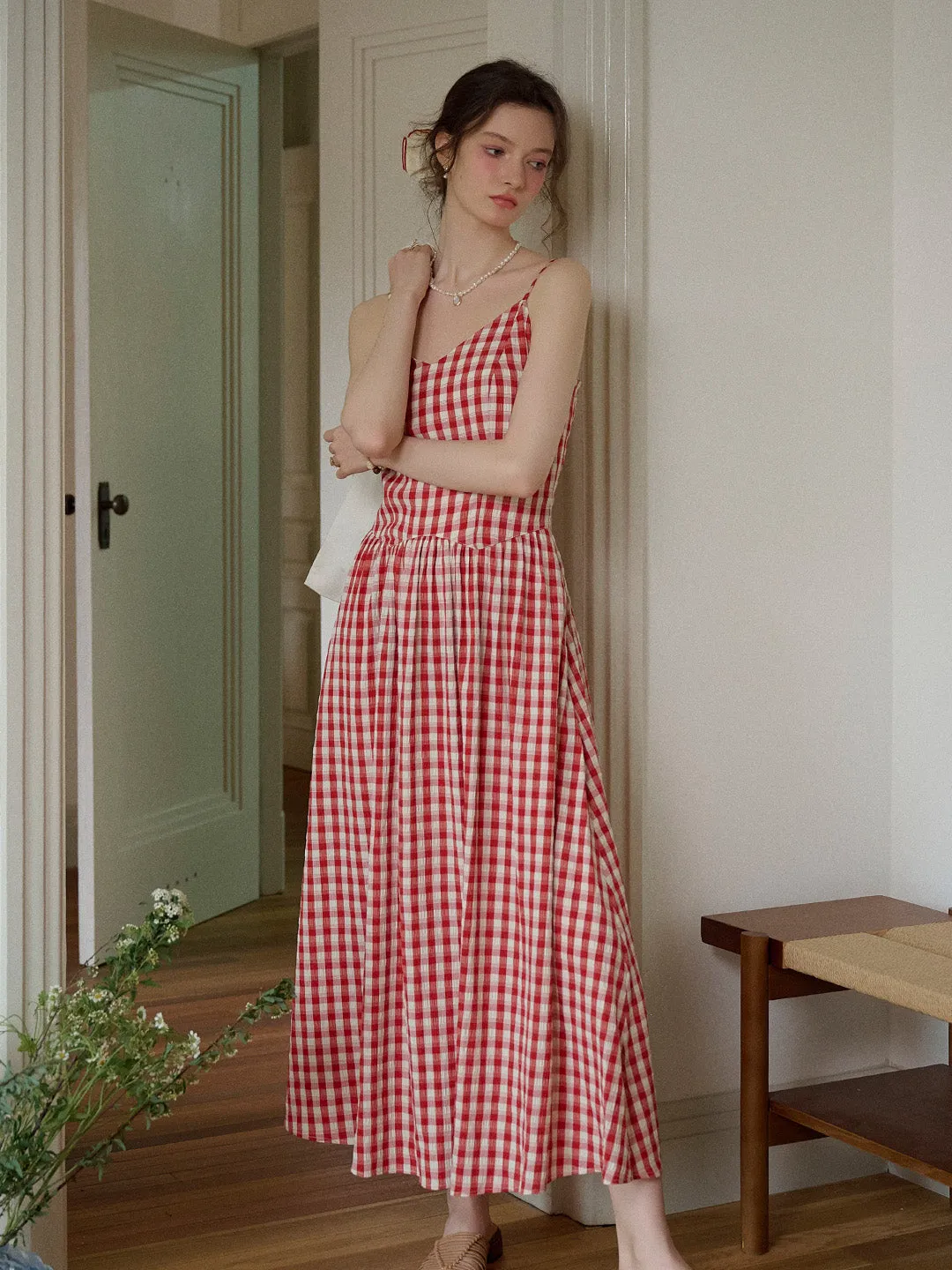 Tinsley Suspender Plaid Dress- Red