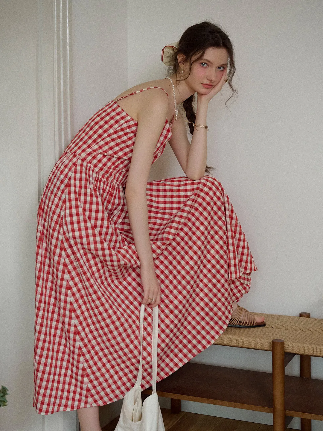 Tinsley Suspender Plaid Dress- Red