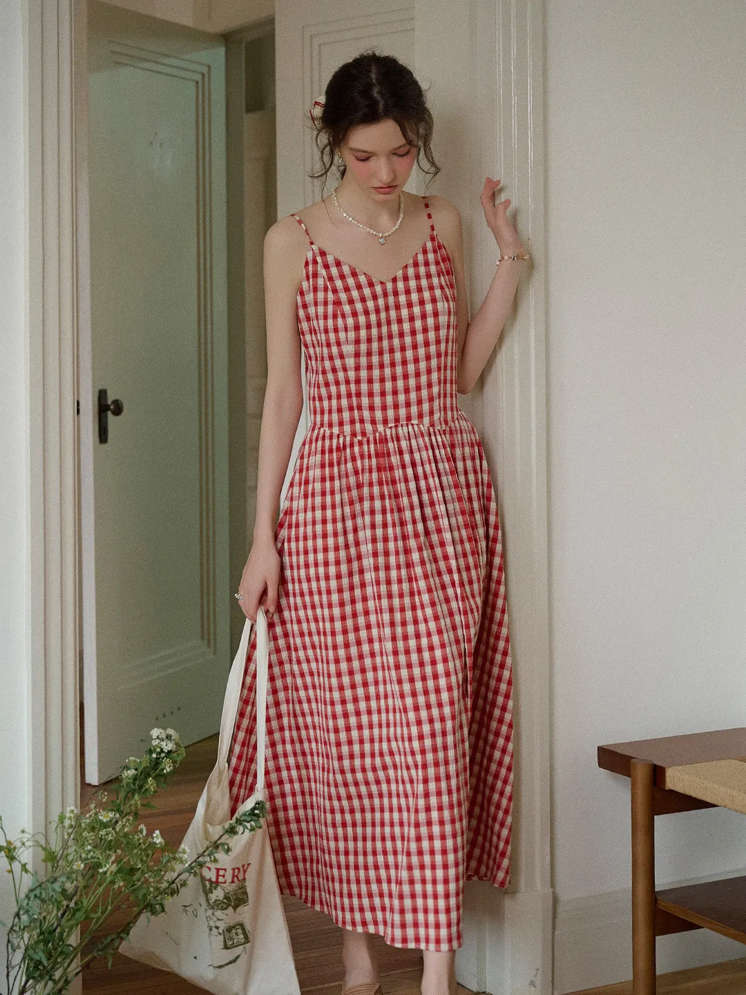 Tinsley Suspender Plaid Dress- Red