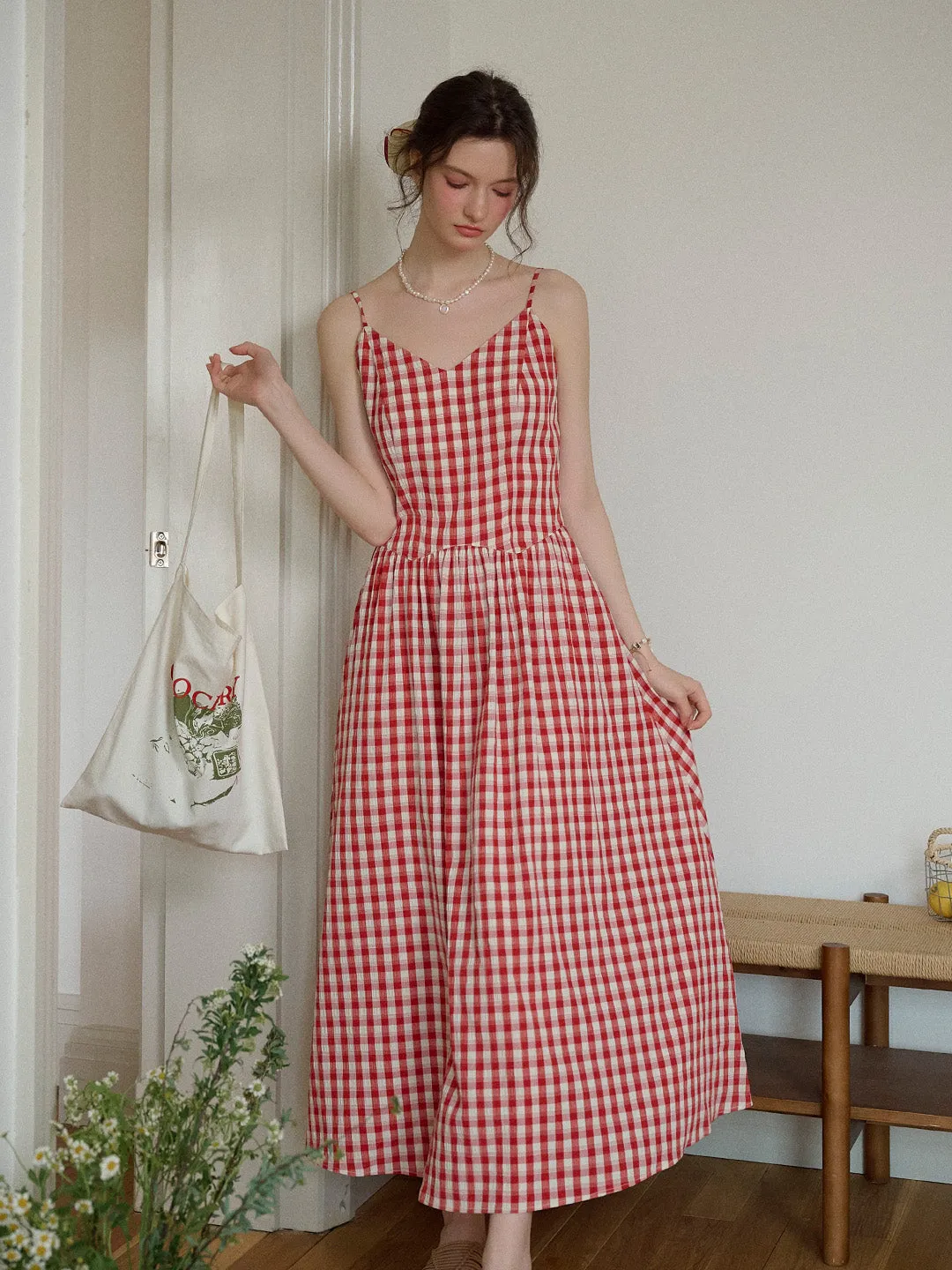 Tinsley Suspender Plaid Dress- Red
