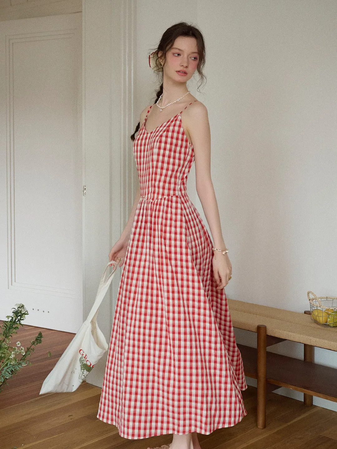 Tinsley Suspender Plaid Dress- Red