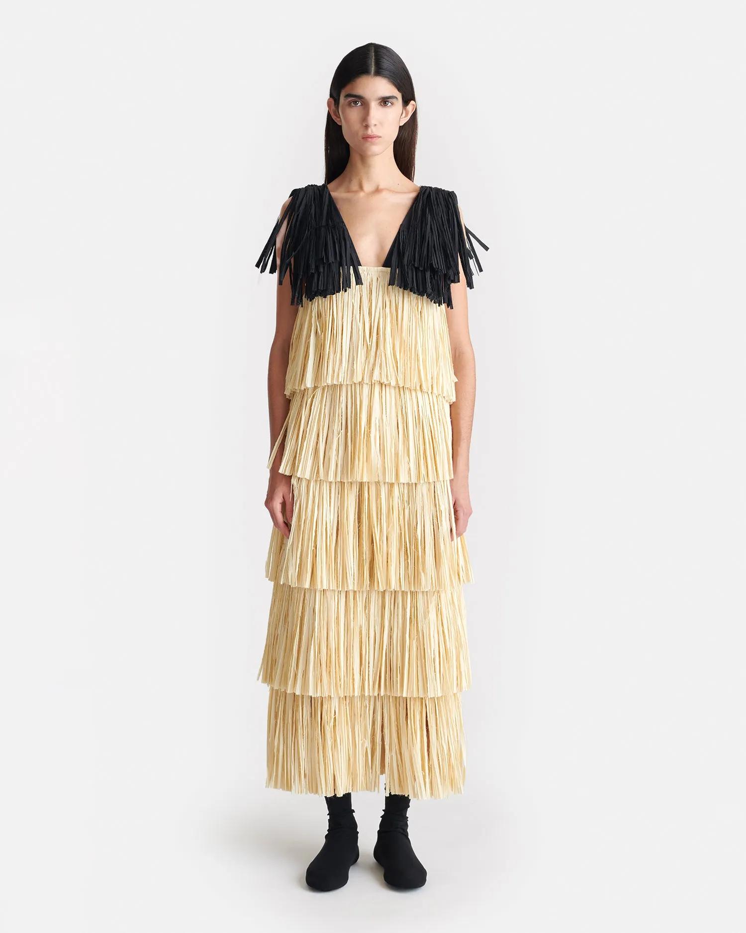 Uxia - Fringed Midi Dress - Creme/Off Black
