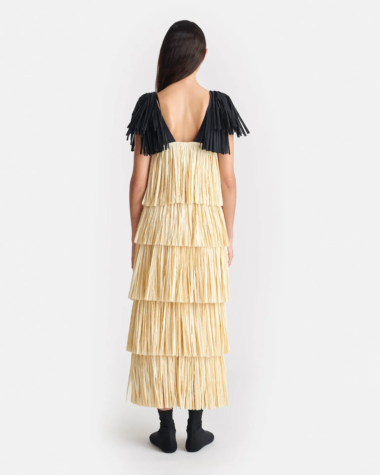 Uxia - Fringed Midi Dress - Creme/Off Black