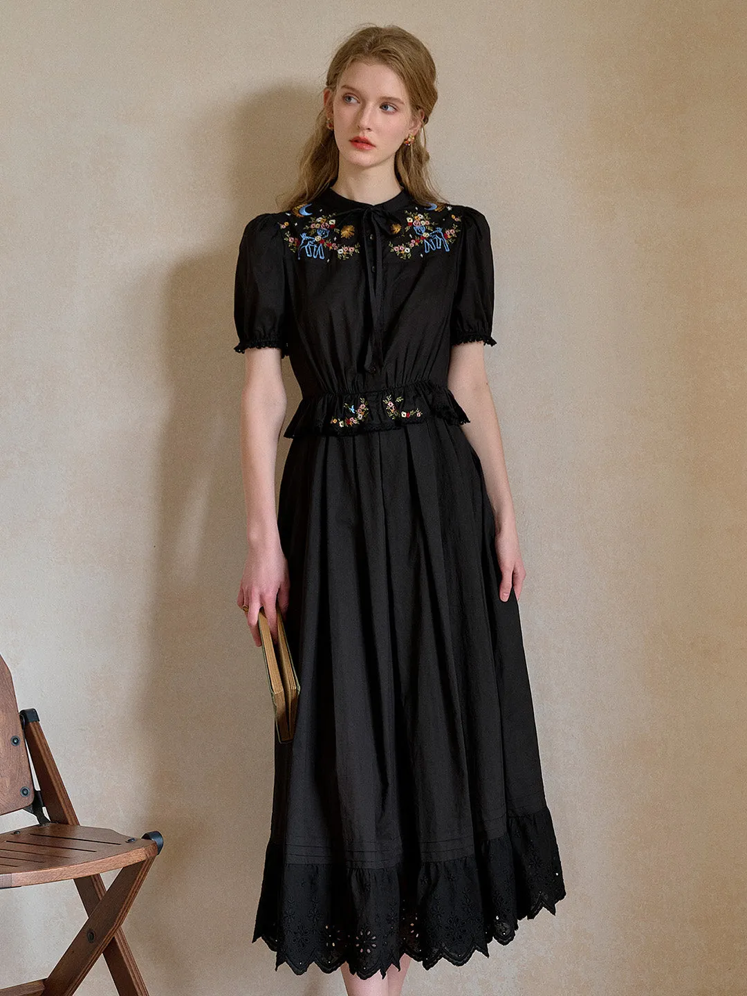 Virginia Round Neck Tie Embroidery Dress