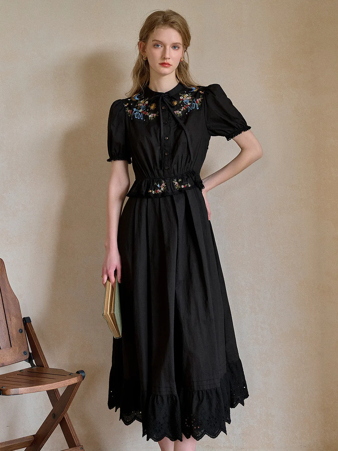 Virginia Round Neck Tie Embroidery Dress