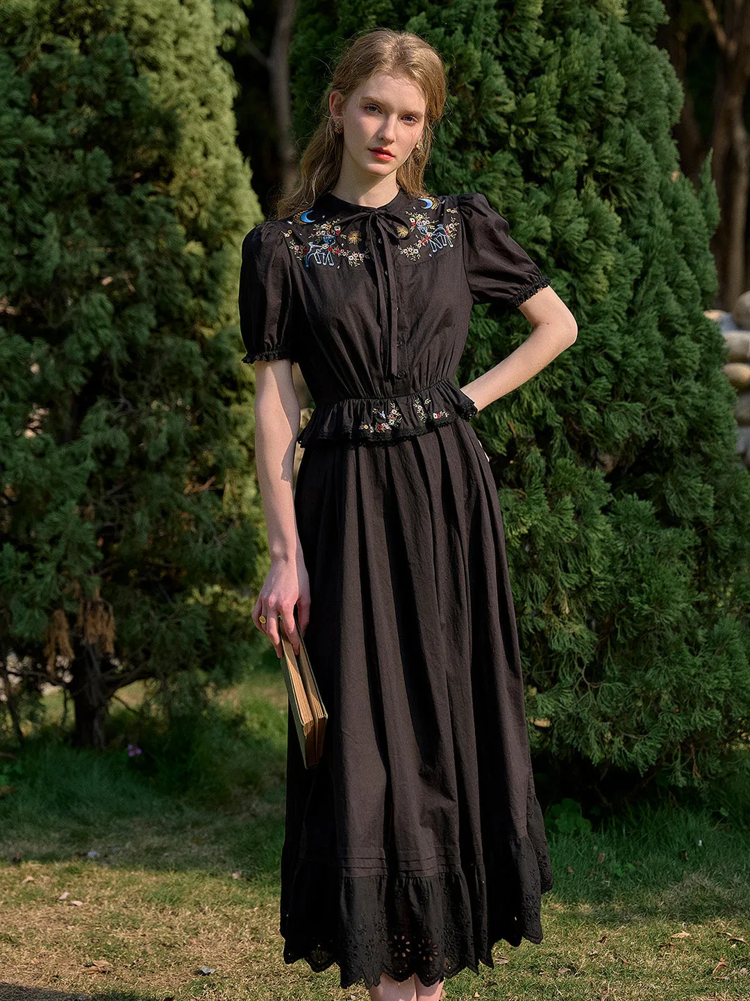 Virginia Round Neck Tie Embroidery Dress