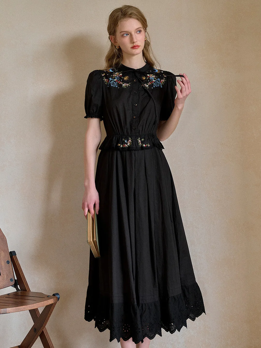 Virginia Round Neck Tie Embroidery Dress
