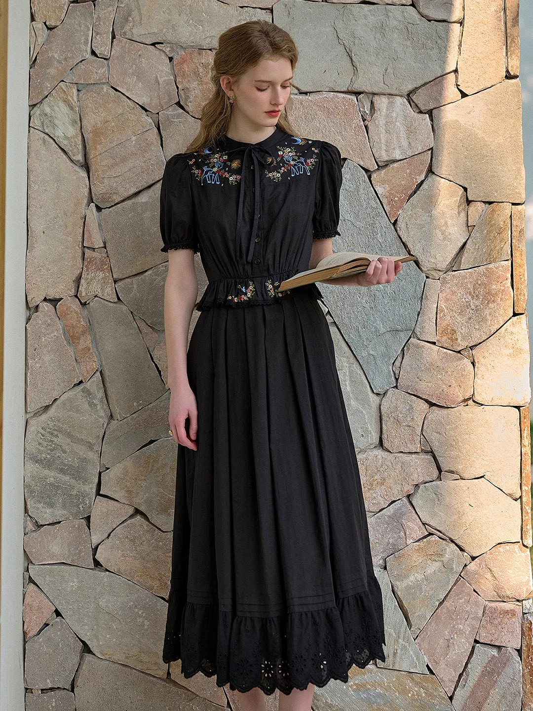 Virginia Round Neck Tie Embroidery Dress
