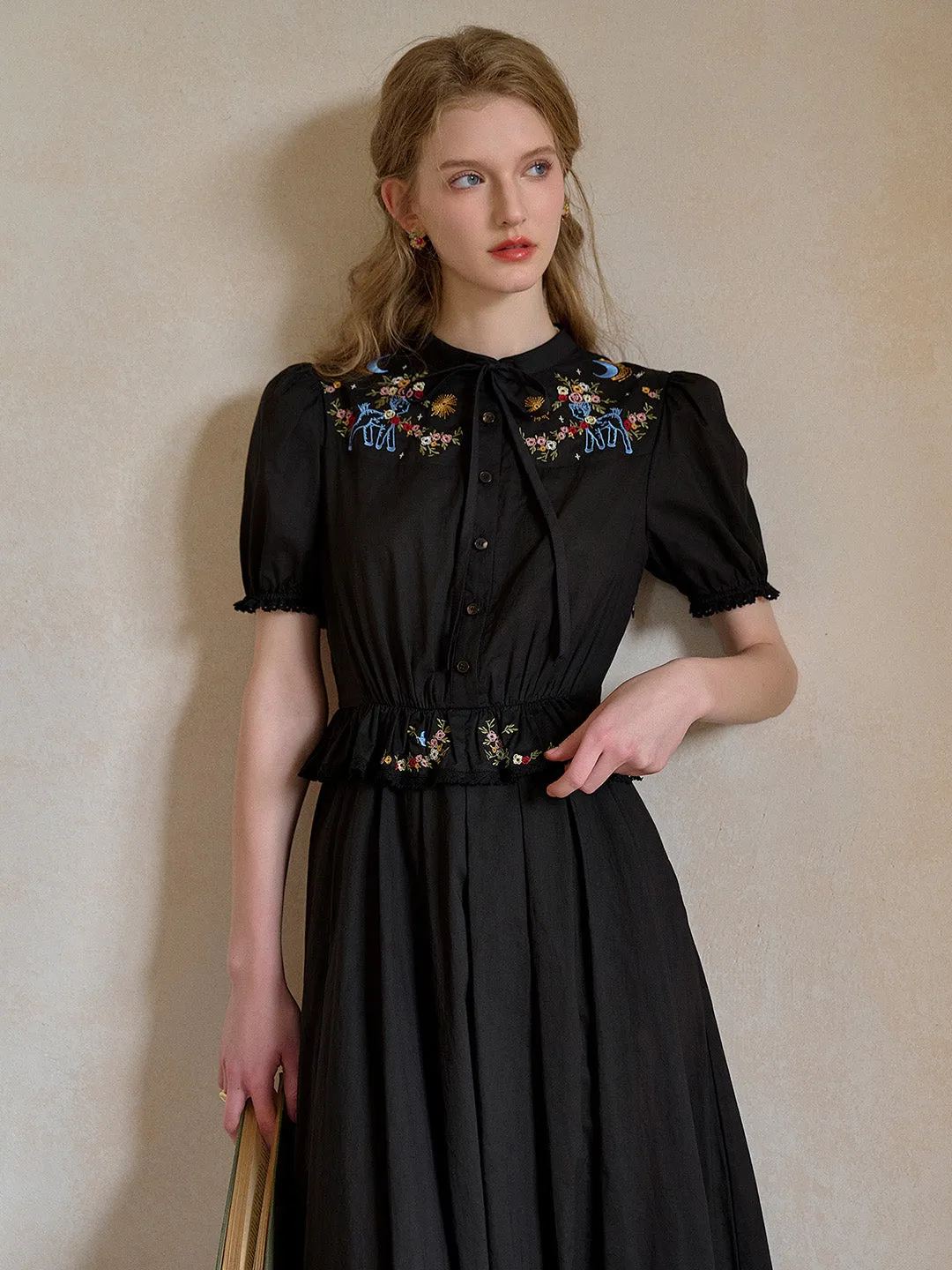 Virginia Round Neck Tie Embroidery Dress