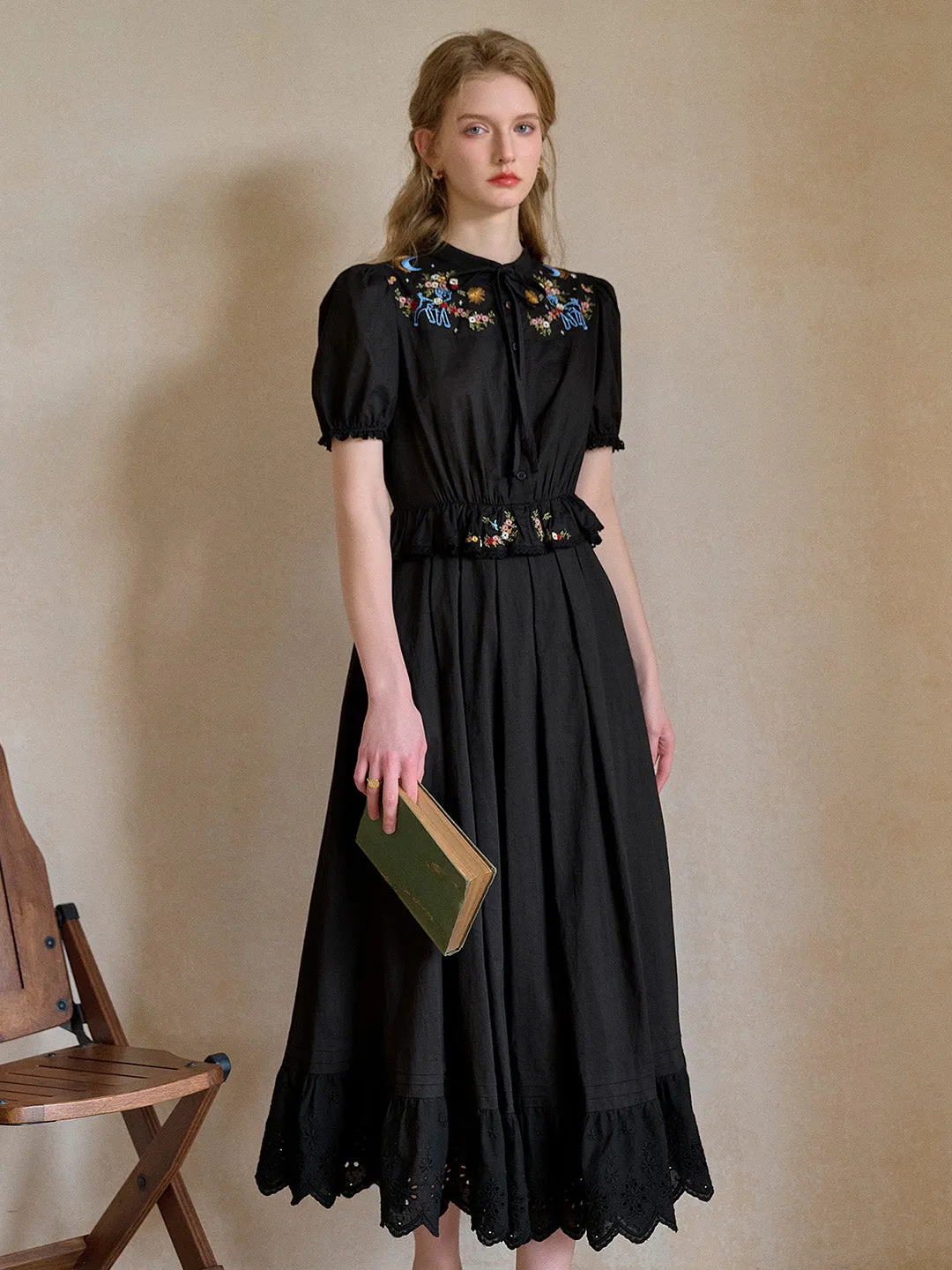 Virginia Round Neck Tie Embroidery Dress