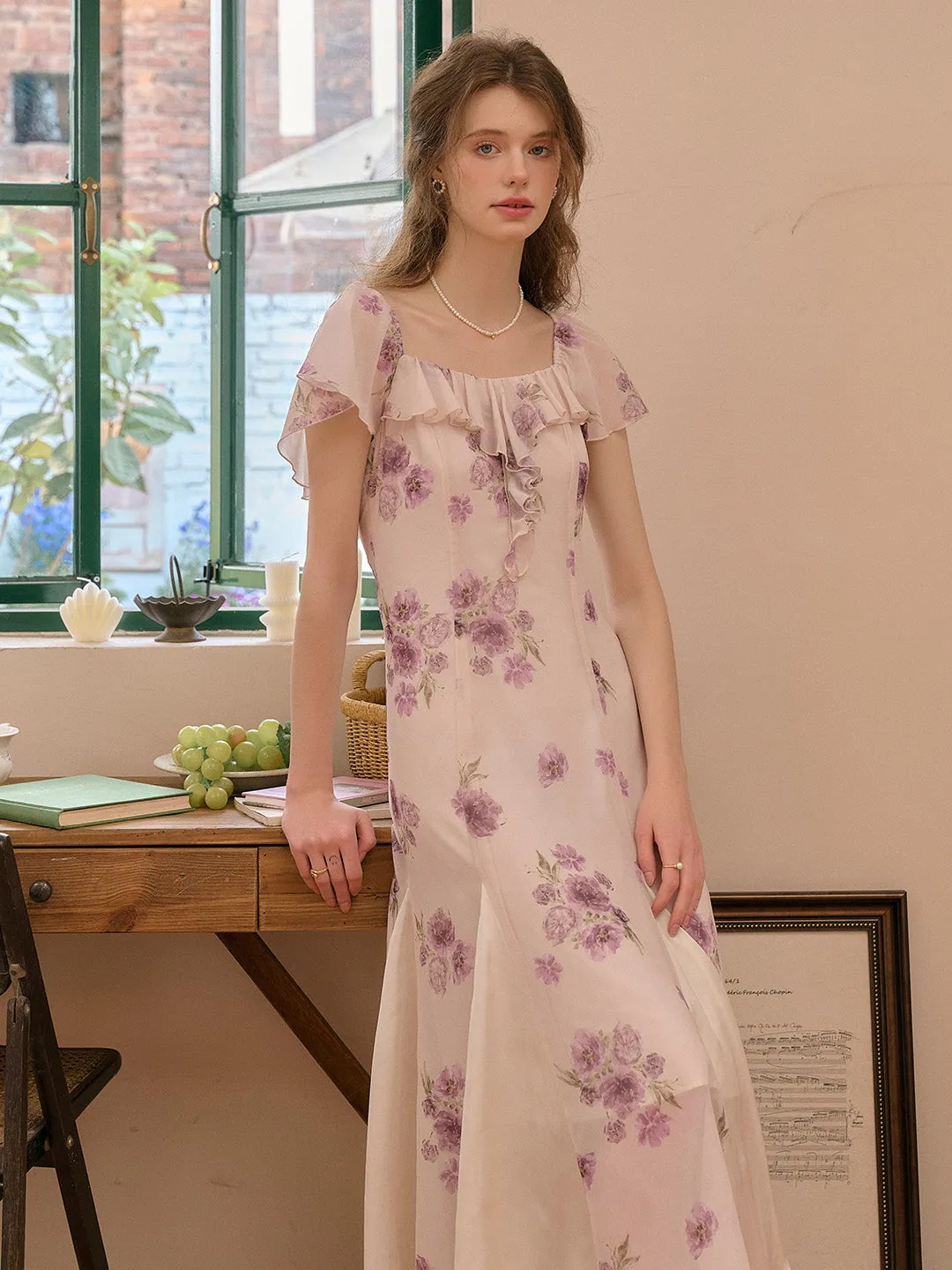 Winter Square Neck Floral Dress