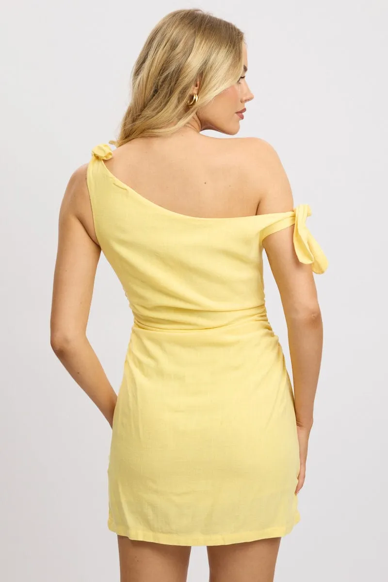 Yellow Bodycon Dress Tie up Shoulder Linen