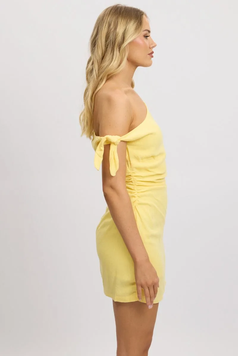 Yellow Bodycon Dress Tie up Shoulder Linen